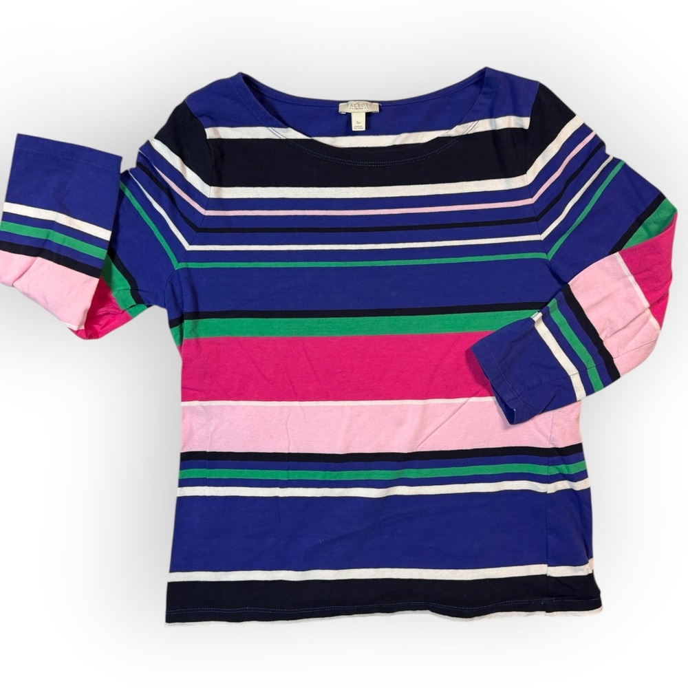 Talbots Petites Striped Boatneck Top Blue Pink Green 3/4 Sleeve Size SP Dopamine